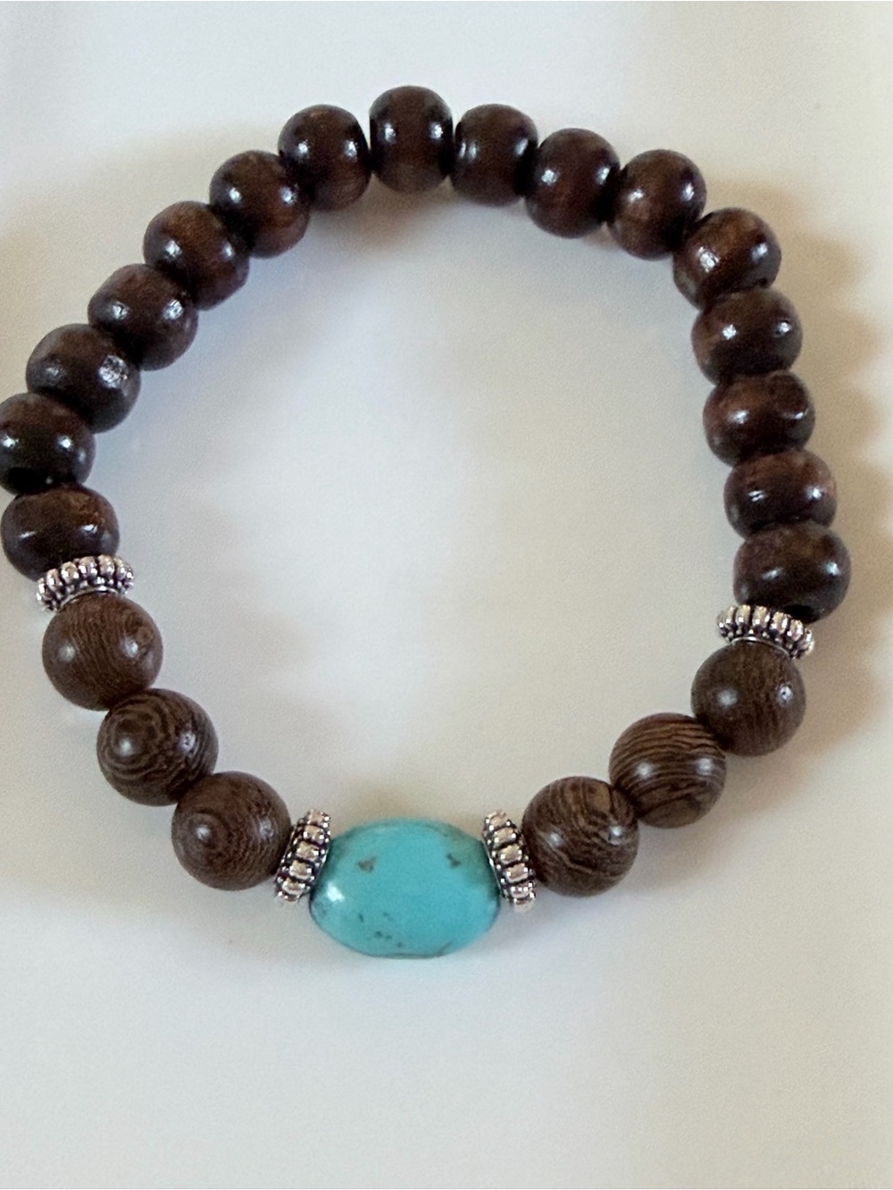 Brown Wood Bead Bracelet with Turquoise Accent - UNISEX